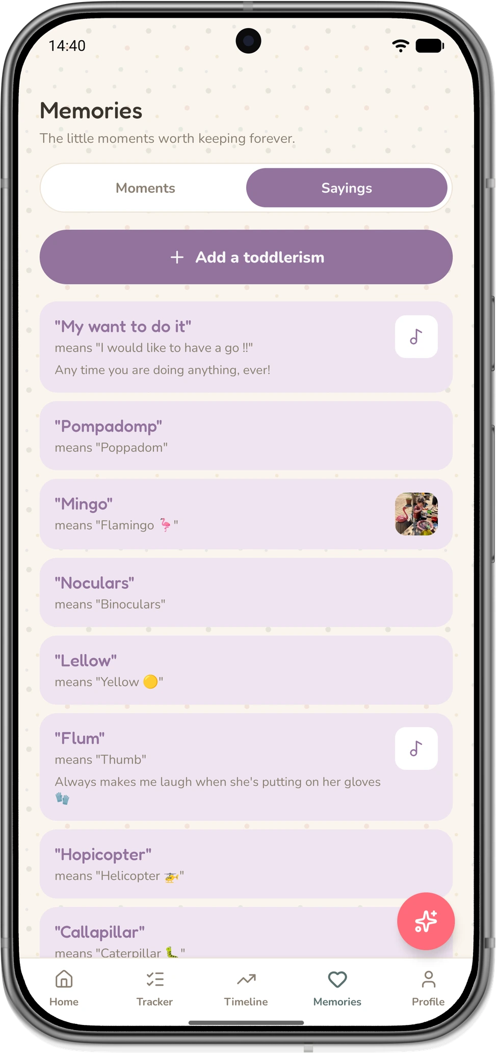 LittleStems Memories tab on Sayings, listing toddlerisms with photo, video, and audio