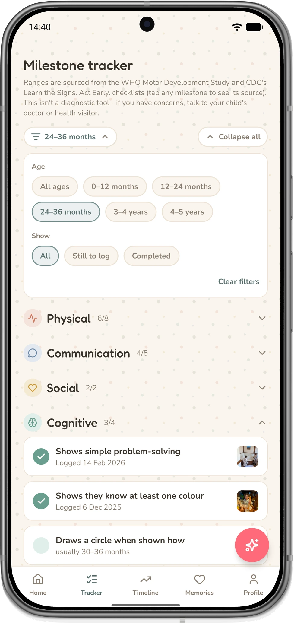LittleStems milestone tracker filtered to 24 to 36 months, with Cognitive milestones open